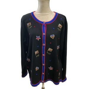 The Quacker Factory USA Patriotic Sweater Womens L Black Sequins Beads  Cardigan